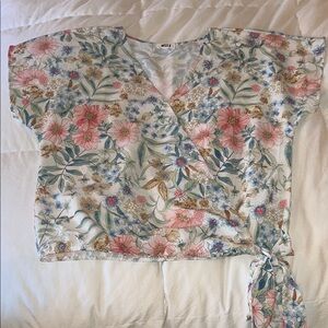 Floral mock-Wrap Blouse with Pink and Blue Accents